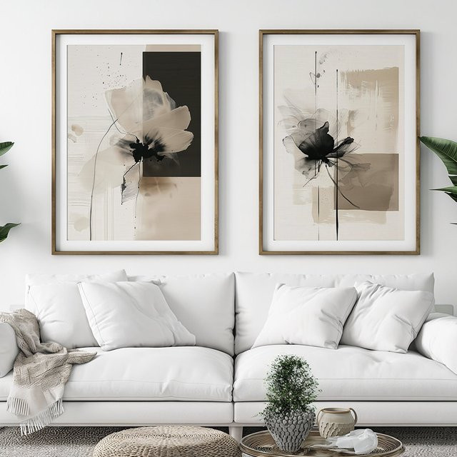 YITONGKE Botanisches Leinwandposter Abstraktes Vintage Blumenmotiv in Beige und Schwarz als dekorative Wandkunst - Bild 1