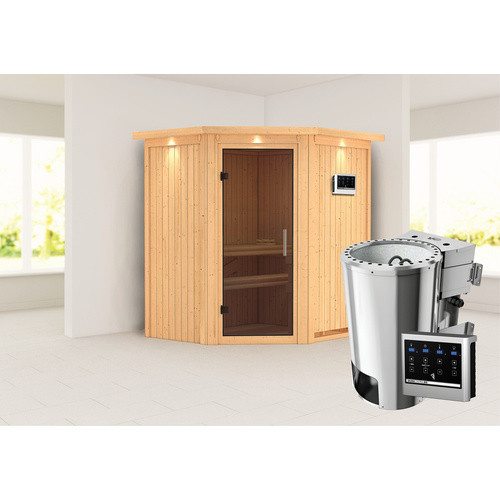 Karibu Sauna Tuckum für 3 Personen inklusive 3,6 kW Saunaofen mit externer Steuerung, Farbe: beige/grau, B/T/H: 202,0 x 184,0 x 165,0 cm - Bild 2