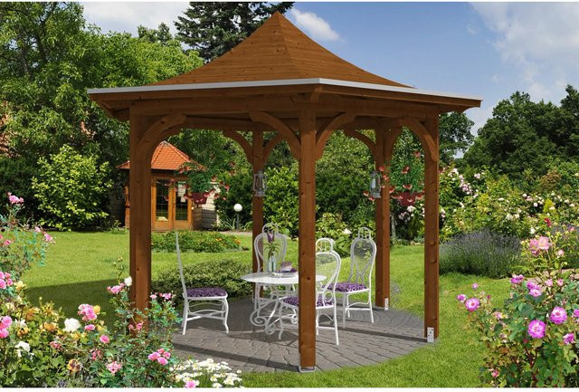 Skan Holz Pavillon Versailles aus Leimholz mit Zeltdach in Nussbaum Braun, B/H/T: 418 x 332 x 360 cm - Bild 1
