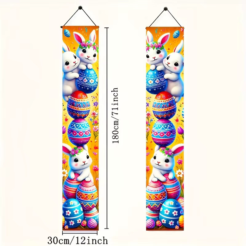 VIKAMA Ostern Tür Banner mit Osterei und Kaninchen, dekorative Outdoor Flagge für Veranda und Garten, Mehrfarbig, B: 30 cm, H: 180 cm - Bild 3