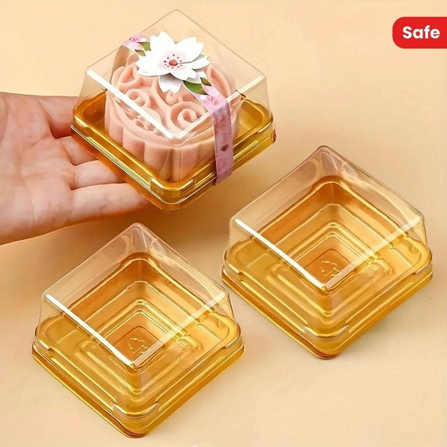 50 Stück Quadratische Kuchenboxen von SZwatch in Gold mit transparenten Deckeln aus Kunststoff für Mondkuchen, Pralinen und Kekse - Bild 1