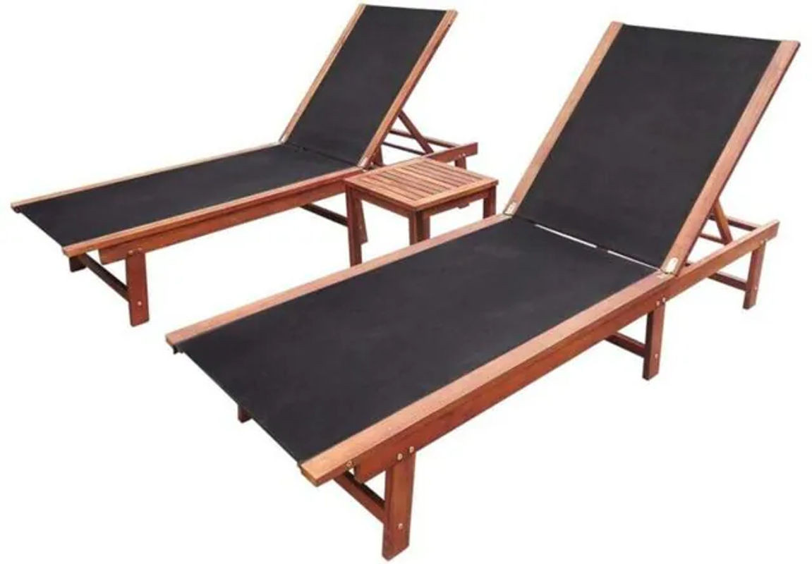 Set aus 2 Sonnenliegen mit Tisch aus Akazie Massivholz und Textilene in Schwarz von vidaxl - Bild 1