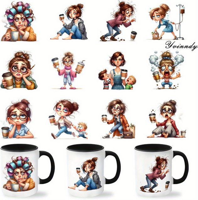 Coffee Mom DIY Aufkleber Set für Glasbehälter, 12 Stück UV DTF selbstklebende Transferpapier zum Dekorieren von Tassen und Flaschen, Multicolour - Bild 1