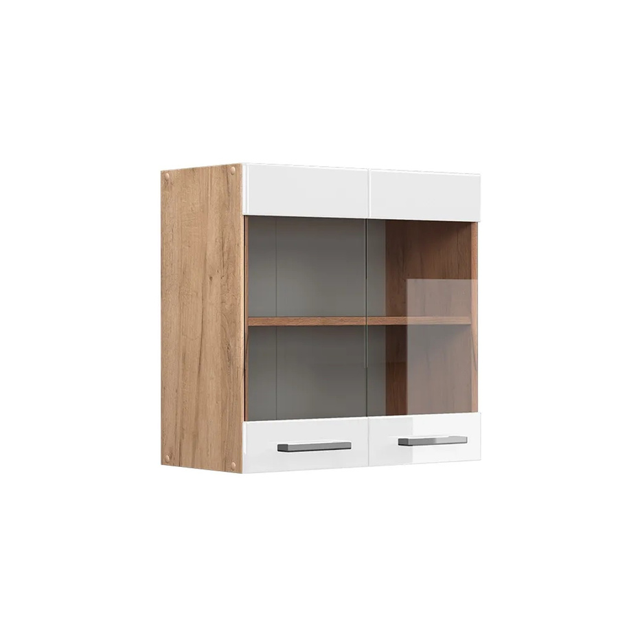 Vicco R-Line Hängeglasschrank für die Küche in Weiß Hochglanz und Eiche mit Glastüren und Regalfächern, Breite: 60 cm, Höhe: 60 cm, Tiefe: 31 cm - Bild 3