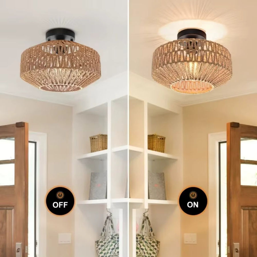 JOYINLED Handgefertigte böhmische Deckenleuchte aus Rattan in Schwarz und Holz-Optik - Bild 2