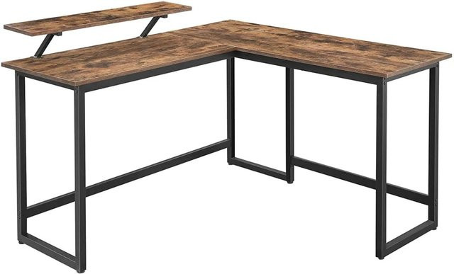 Vasagle Computertisch L-förmig mit Monitoraufsatz in Vintage-Optik, Farbe Braun-Schwarz, B/T/H: 130 x 140 x 92,2 cm - Bild 1