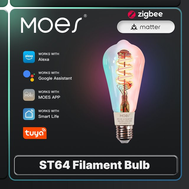 MOES Smart LED-Birne ST64 mit Tuya Zigbee/Matter WiFi, RGB-Farben, biologischem Rhythmus und Musikszenenmodus zur drahtlosen Steuerung - Bild 1
