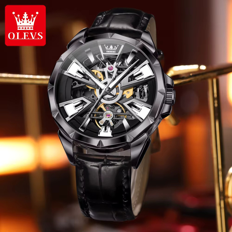 OLEVS Armbanduhr Automatik, Edelstahl, Leder, Schwarz, Herren - Bild 2