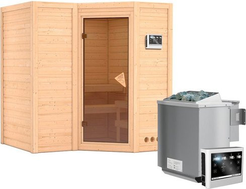 Karibu Sauna Riga 1 aus Fichtenholz in Beige inklusive 9 kW Bio-Kombi-Saunaofen mit externer Steuerung für 3 Personen, B/T/H: 184 x 209 x 193 cm - Bild 1