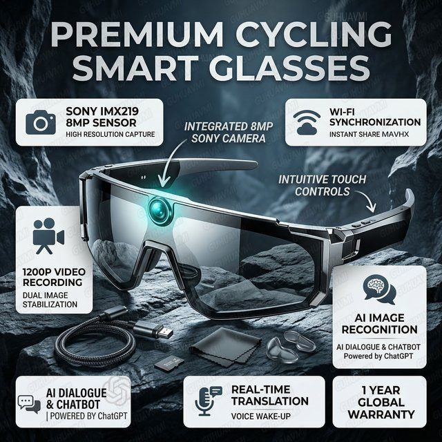 GUHUAVMI Smart Brille für Outdoor-Sport mit 1200P Videokamera, WLAN, Bluetooth-Anruffunktion und Übersetzungsfunktion, polarisierte Sonnenbrille mit Anti-Shake-Technologie in Weiß und Blau - Bild 1