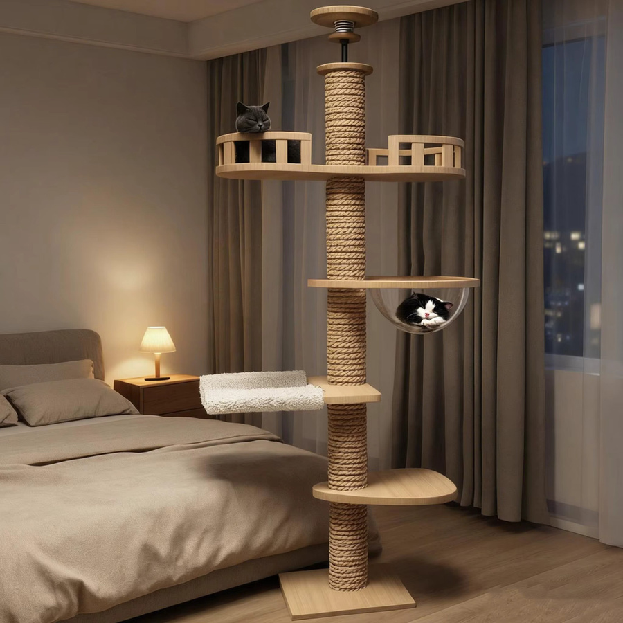 HGTUGO Verstellbarer Katzen-Kletterbaum in Beige und Gelb mit Plüsch-Hängematte und Kratzmöglichkeiten für Indoor-Haustiere - Bild 2