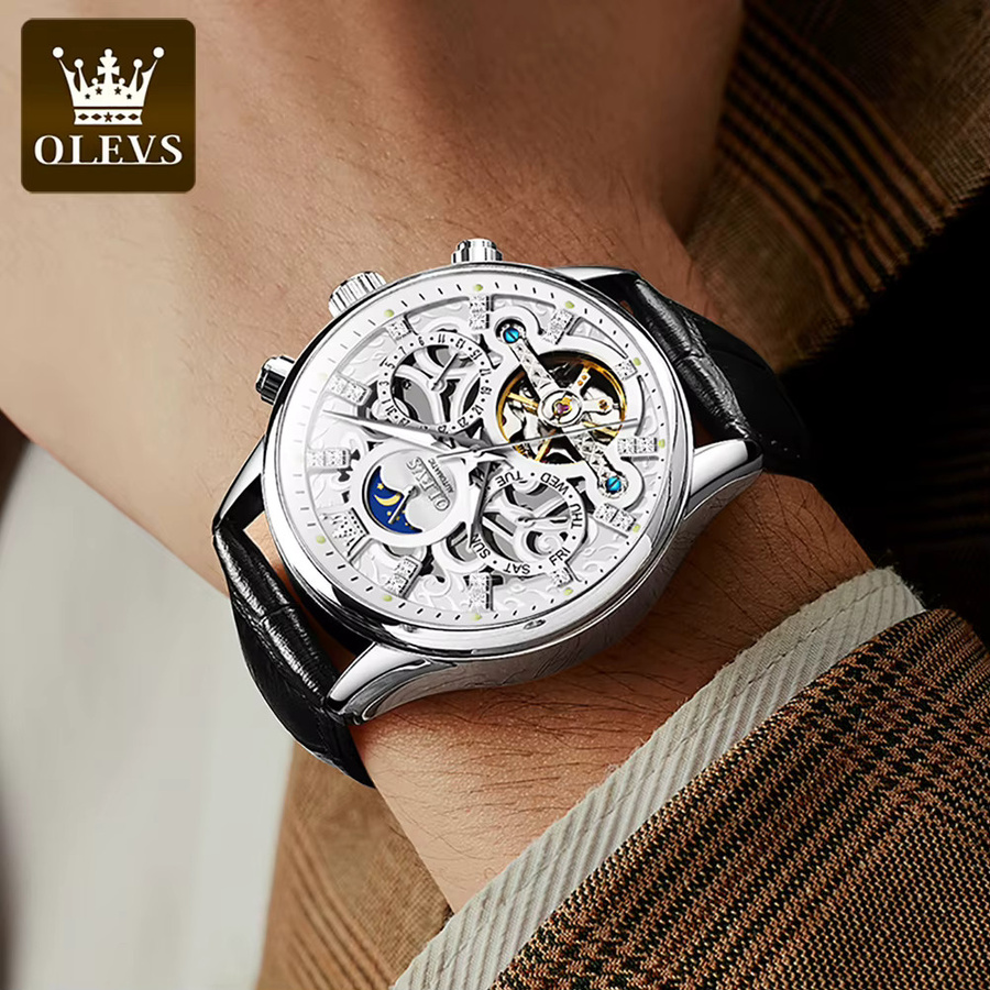 OLEVS Armbanduhr Automatik, Leder, Blau, Mondphase, Herren - Bild 4