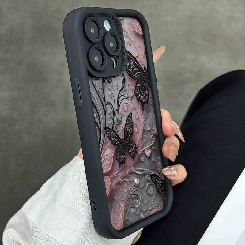 Schwarze Handyhülle mit Schmetterlingsmuster und Schmetterlings-Charm für Apple iPhone Modelle - Bild 4