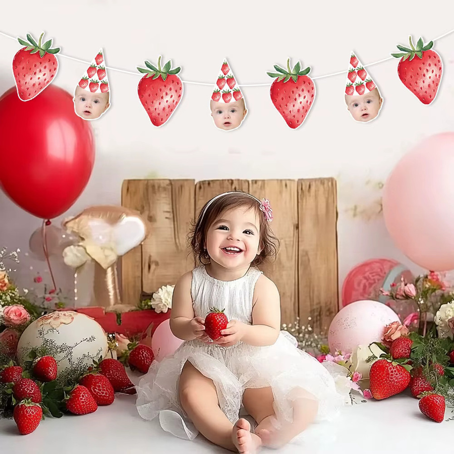 WEIGAO Erdbeermuster Kuchen Topper und Banner Aufkleber aus Papier für Kinder Geburtstag und Baby Shower Dekoration - Bild 2
