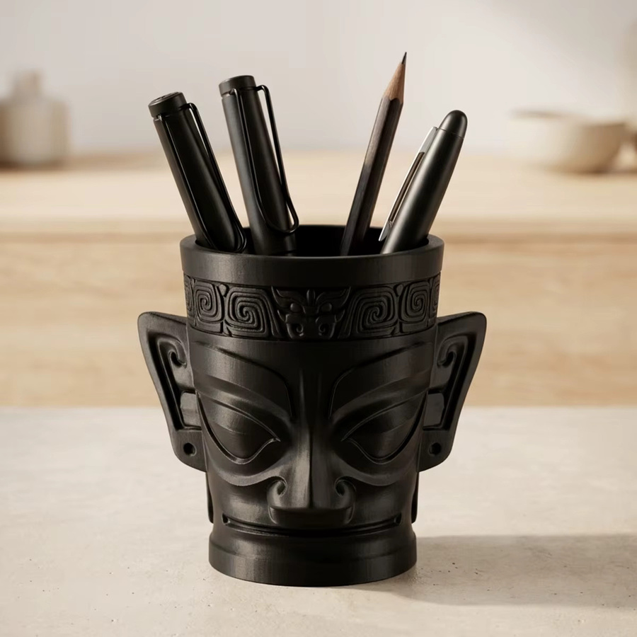 Kreativer Schreibtisch-Organizer Sanxingdui Bronze-Maske als Stifthalter in Schwarz oder Weiß - Bild 2