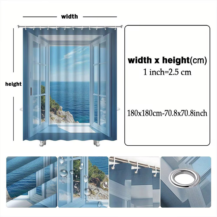 VIKAMA Duschvorhang mit Meerblick-Motiv in Weiß und Blau, wasserdicht, B/H: 90 x 180 cm - Bild 4