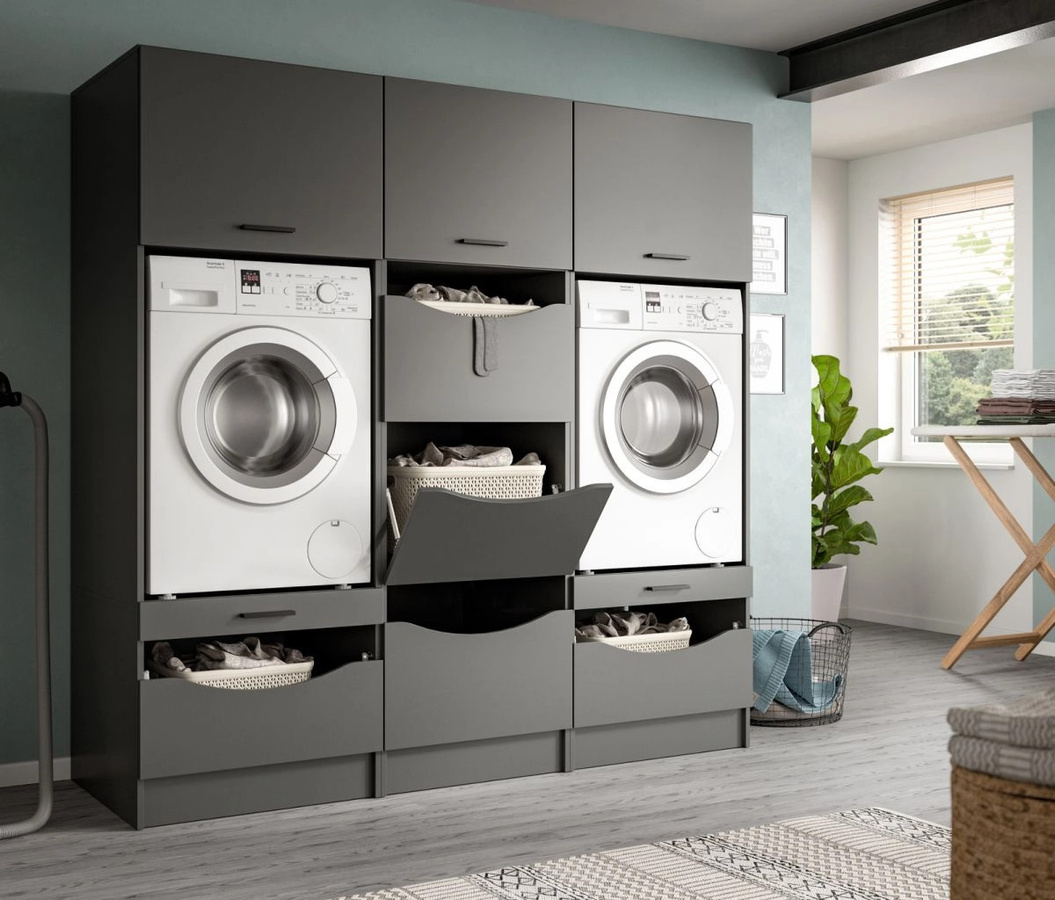 Waschmaschinenumbau Set Flexy in Grau mit Soft-Close-Türen und Regalen, B/H: 192 x 196 cm - Bild 2