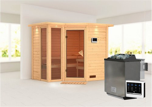 Karibu Sauna Kunda Bio-Kombi-Sauna für 4 Personen mit 9 kW Bio-Kombi-Saunaofen und externer Steuerung, beige - Bild 1