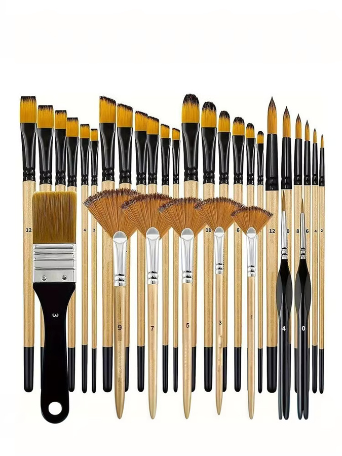 28/32-teiliges Acryl-Pinselset mit Nylonborsten in Mehrfarben, bestehend aus Rund-, Flach-, Fächer-, Winkel- und Detailpinseln - Bild 4