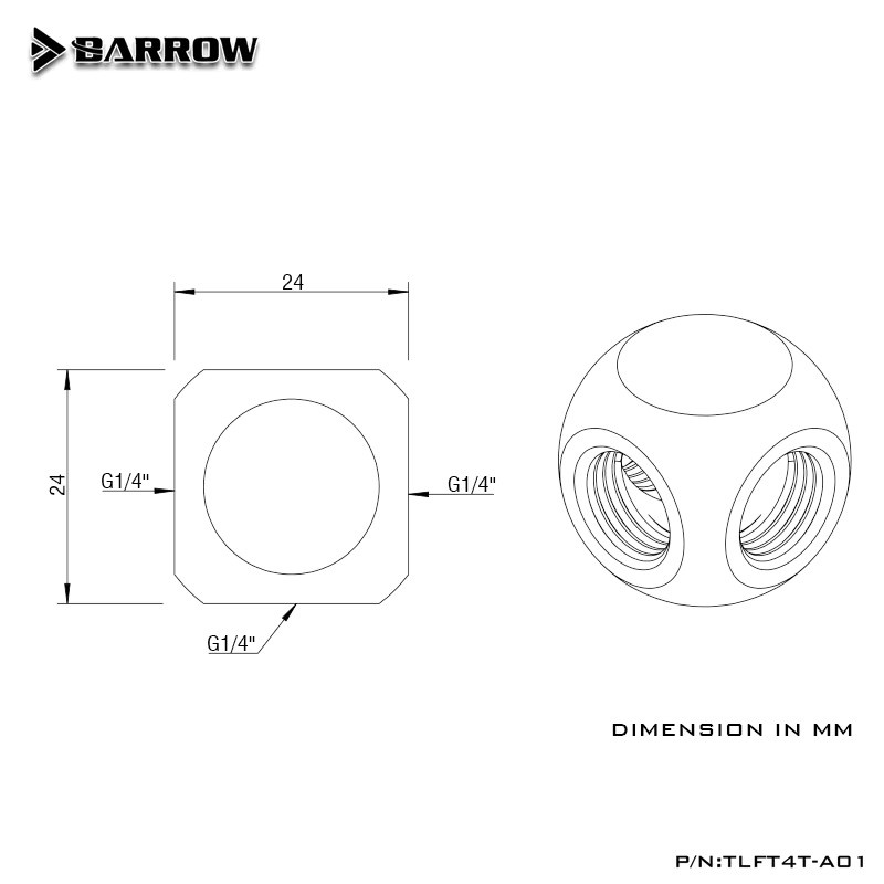 Barrow Tee Triple 3-Wege-Splitter-Armaturen TLFT3T-A01, kubische 3-Links-Adapter für Wasserkühlung, Schwarz - Bild 2