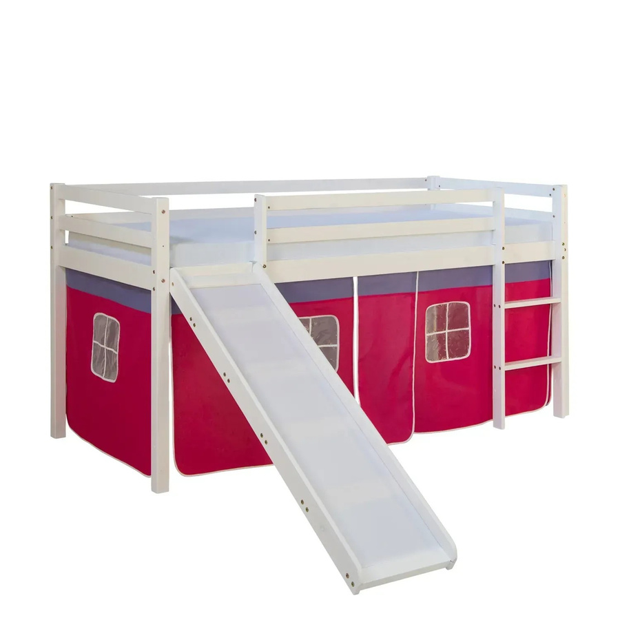 Homestyle4u Hochbett aus Kiefernholz für Kinder in Weiß mit pinkfarbenem Vorhang, B/T/H: 90 x 200 x 160 cm - Bild 2