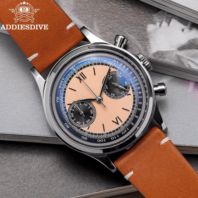 Addiesdive Chronograph Armbanduhr, Quarz, Edelstahl, Leder, Herren, Schwarz - Bild 3