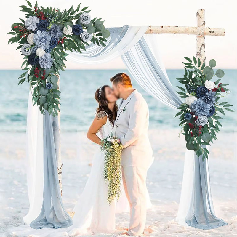 Yannew Hochzeitsbogen-Dekorationsset mit blauen und weißen künstlichen Blumen und Textildrapierung im Bohemian-Stil - Bild 2