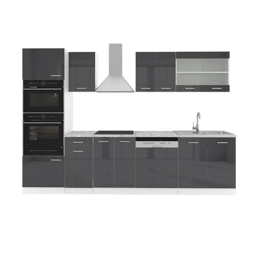 Vicco R-Line Küchenzeile in Anthrazit Hochglanz und Weiß mit Marmor-Optik, Breite: 300 cm, Höhe: 207 cm, Tiefe: 60 cm - Bild 3