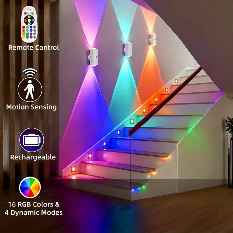 Pzsunly RGB LED Wandleuchte mit Bewegungssensor, wiederaufladbar und magnetisch, dimmbar mit Fernbedienung, Multicolor/Weiß, ideal für Treppen, Schlafzimmer und Flur - Bild 2