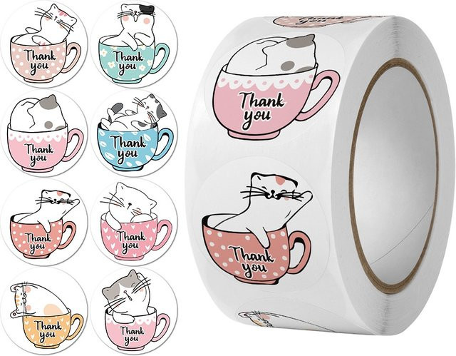 500 Stück Danke Siegelaufkleber mit Katze in der Tasse von BulingBulingStickers Store, Mehrfarbig - Bild 1