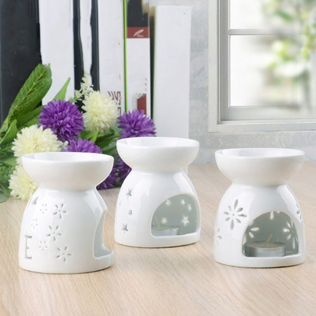 Keramik Aromaöl-Diffusor und Weihrauchlampe in Weiß mit floralem Design für Tealight-Kerzen - Bild 1