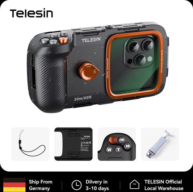 TELESIN Universelles Unterwasser-Tauchgehäuse für Smartphones mit Griff, Schwarz - Bild 1