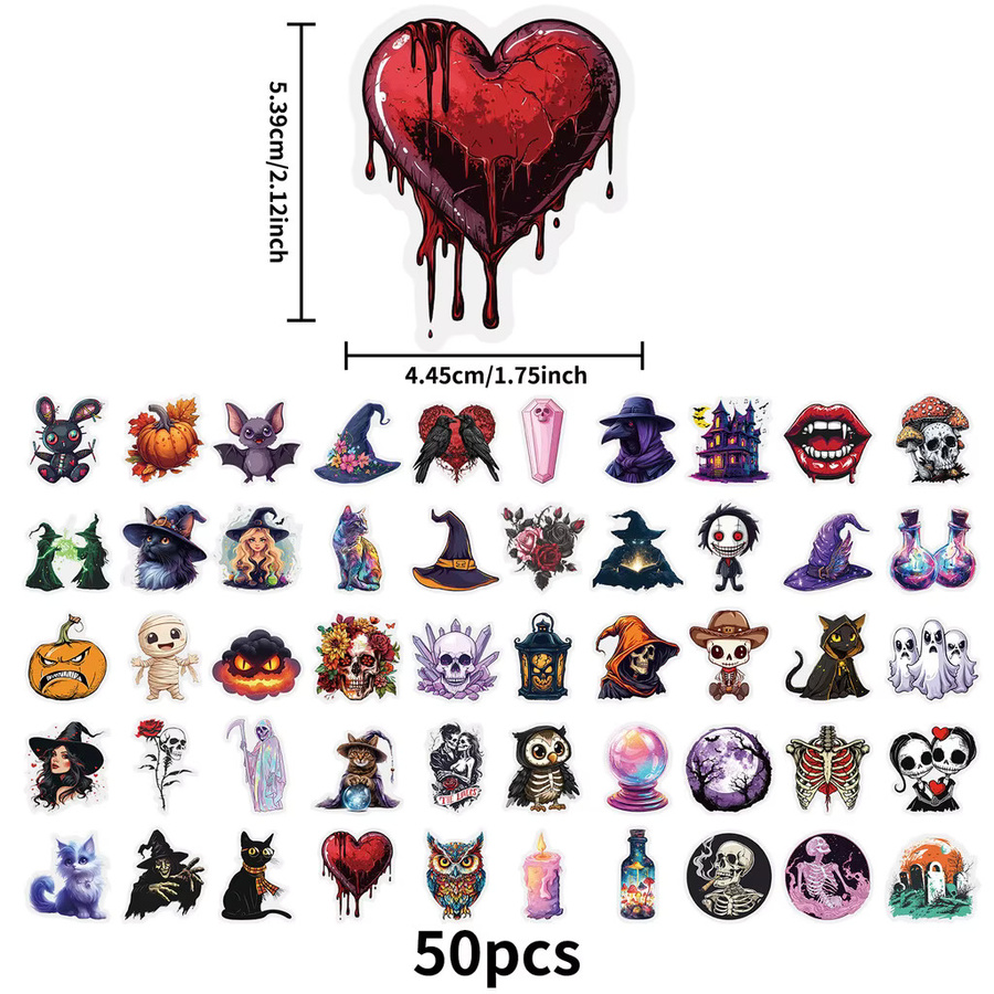 50 Stück Halloween PET Aufkleber mit Hexen- und Totenkopf-Designs in Multicolour für DIY-Projekte - Bild 5