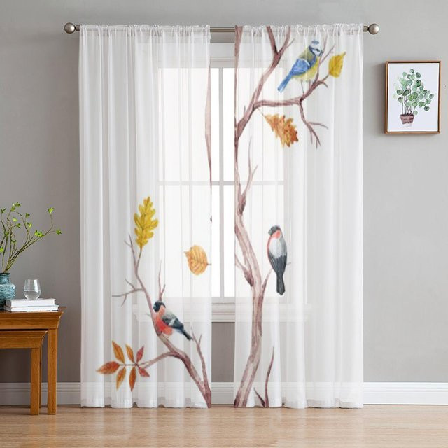 Transparente Voile-Vorhänge von A Family Of Home Textiles mit Herbstbäumen und Vögeln, Farbe Weiß, Breite: 135 cm, Höhe: 160 cm - Bild 1
