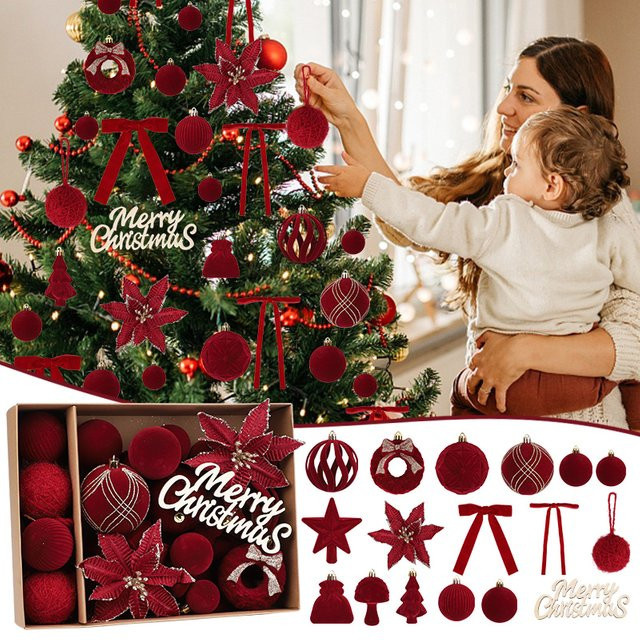ZQNYCY 38-teiliges Set Weihnachtsdekoration aus Samt in Rot mit Christbaumkugeln, Sternen, Blumen und Baumspitze für deinen Weihnachtsbaum und zur Neujahrsdekoration - Bild 1