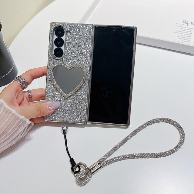 Handyhülle mit Diamant-Herz-Spiegel und Handgelenkschlaufe für Samsung Galaxy Z Fold 7 6 5 4 3 in Multicolour und Silber - Bild 1