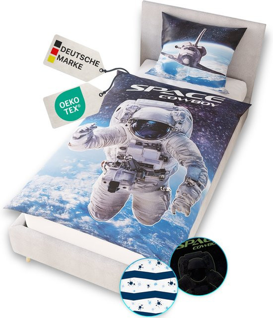 NYVI Renforce Kinderbettwäsche Glow in the Dark aus 100% Baumwolle, Farbe: Astronaut, B/H: 135 x 200 cm - Bild 1