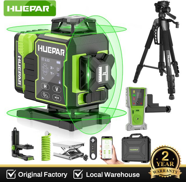 Huepar W04CG Laserniveau Selbstnivellierend 4x360 Grad mit Bluetooth und grünen Laserlinien sowie elektrischer Rotationsbasis und LCD-Display - Bild 1