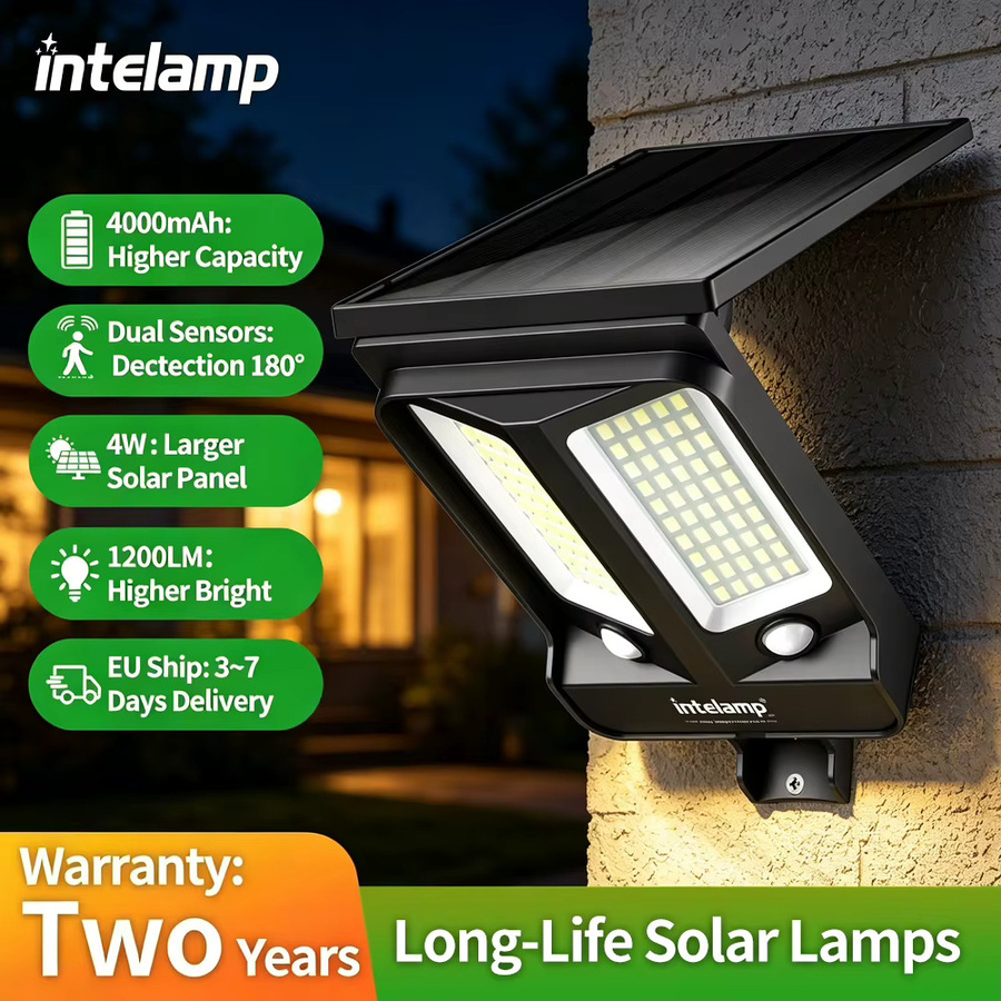 intelamp Solar-Straßenleuchte mit LED und zwei Bewegungssensoren, wasserdichtes Solar-Sicherheitsflutlicht für Garten und Hof, Schwarz - Bild 2