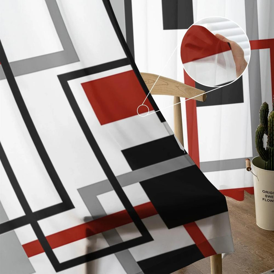 Yiran Furniture Transparente Voile-Gardine in Rot mit geometrischem Grafikmuster im Nordischen Retro-Stil, Breite: 135 cm, Höhe: 115 cm - Bild 3