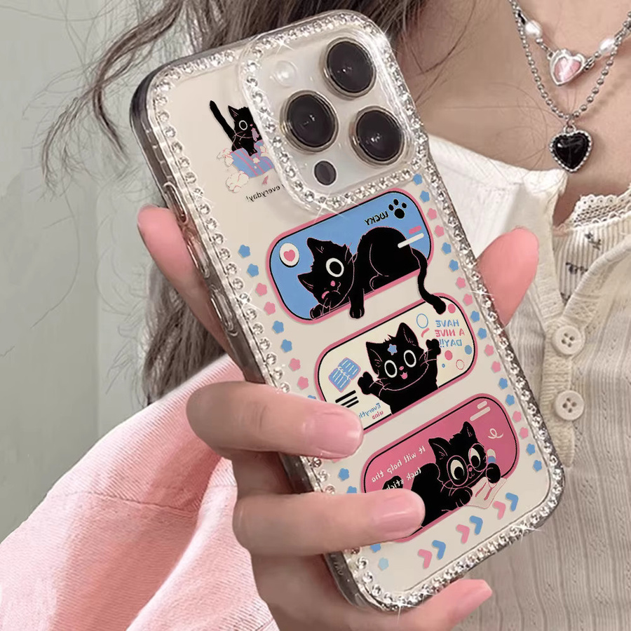 Bling Diamond Handyhülle für iPhone 17 Pro Max 16 15 14 13 12 11 Air mit schwarzer Katze, stoßfeste Silikonhülle, Schwarz/Transparent - Bild 2