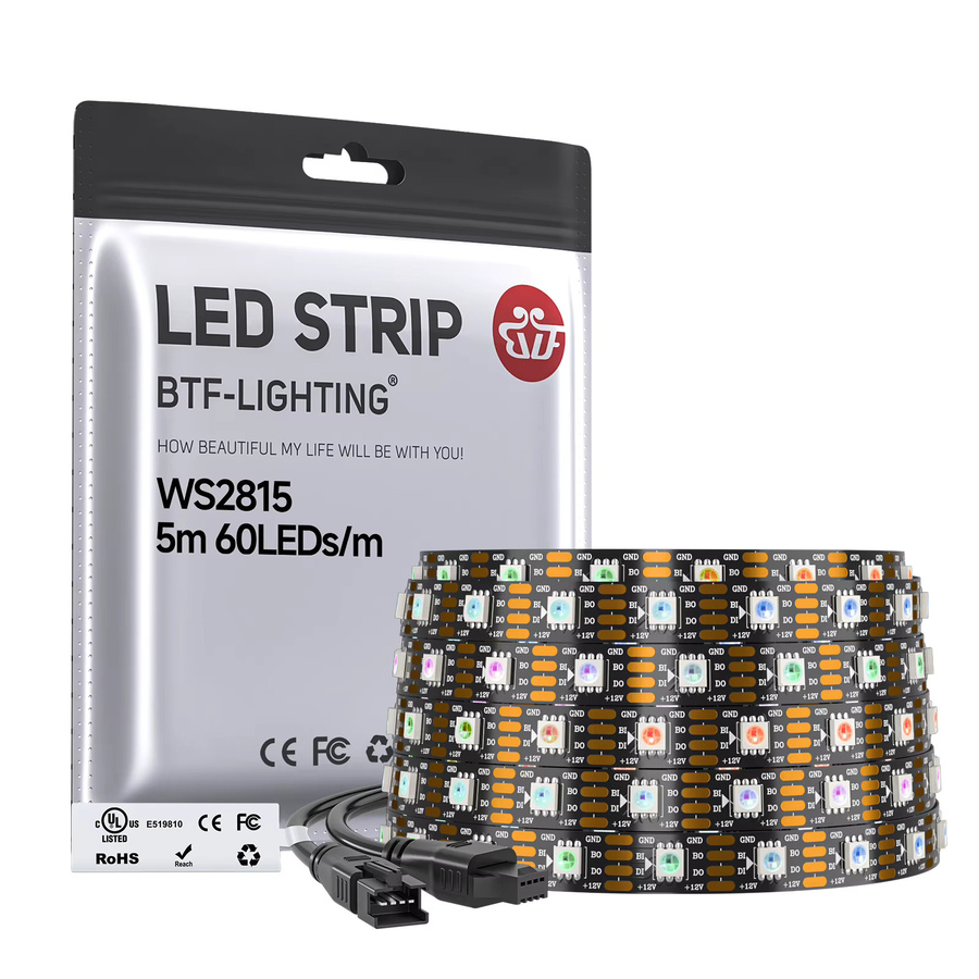 BTF-LIGHTING WS2815 RGBIC LED-Streifen mit 60 LEDs pro Meter, 12V DC, individuell adressierbar, Dual-Signal, IP30, 5m Länge, Schwarz - Bild 4