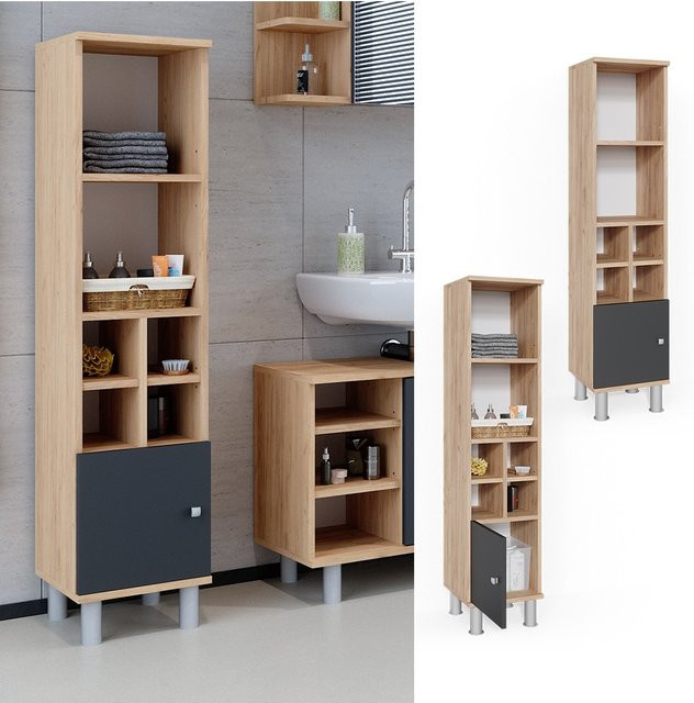 Vicco Badschrank Fynn Midischrank in Anthrazit und Eiche mit Goldakzenten, B/T/H: 30 x 30 x 130 cm - Bild 1
