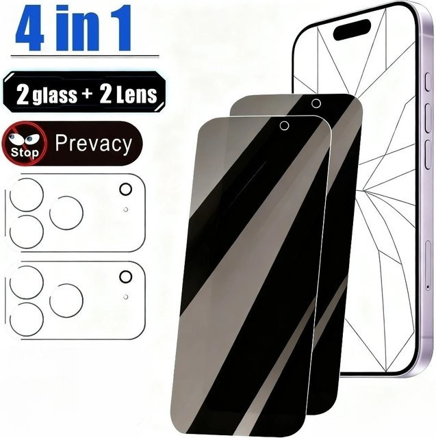 4-in-1 Anti-Spionage Displayschutzfolie und Kameraobjektivschutz für Apple iPhone 17 16 15 14 13 12 11 Pro Max Plus Air Mini - Bild 1