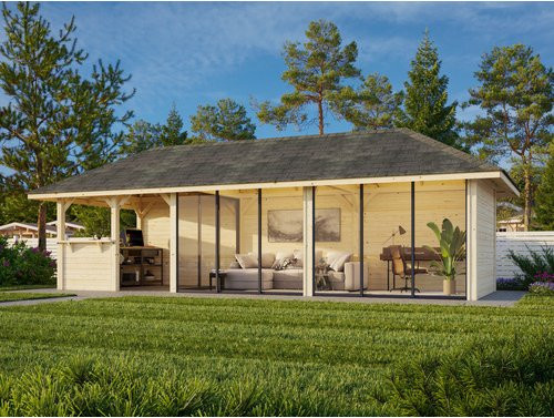 PALMAKO Pavillon Bianca Set 219 Slide aus Fichtenholz in Braun mit Alu-Schiebetüren und Eck-Tresenanlage, B/H/T: 876 x 319 x 300 cm - Bild 1