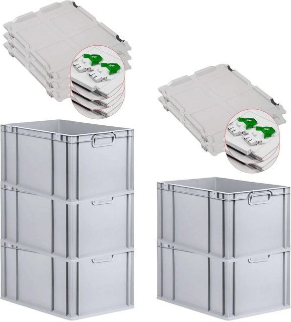 PROREGAL SuperSparSet 5x Eurobox NextGen Grip mit Scharnierdeckel und grünen Schiebeschnappverschlüssen, Grau, H: 32 cm, B: 40 cm, T: 60 cm - Bild 1