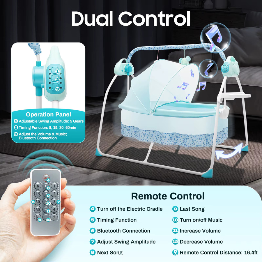 Bymaocar Faltbare Elektrische Baby-Schaukelwiege mit Bluetooth-Musik, Fernbedienung, 5 Schaukelstufen und Moskitonetz in Blau - Bild 2