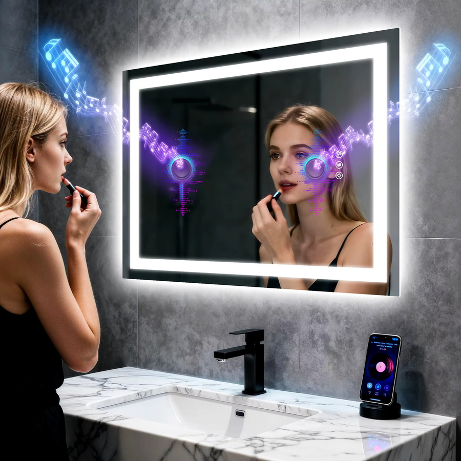 LED-Badezimmerspiegel von BORWART aus gehärtetem Glas mit Bluetooth, 3 Farben dimmbar und Lichtspeicher, Weiß - Bild 2