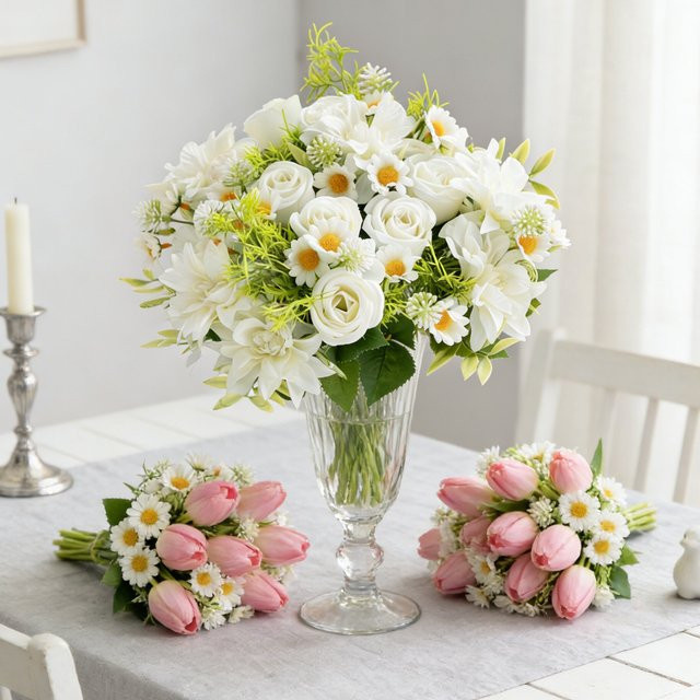 ZQCY Künstliche Blumen Bouquet aus Seide in Weiß für Hochzeiten und Valentinstag als Tischdekoration - Bild 1