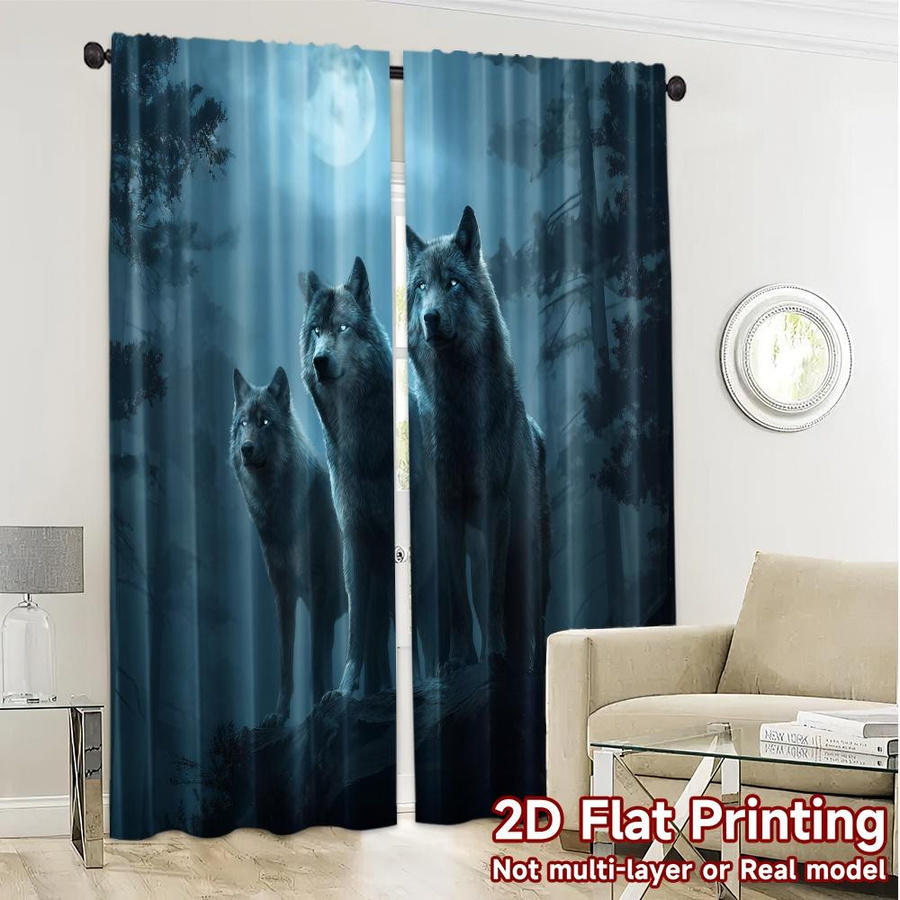 Set aus 2 modernen Polyester-Druckvorhängen mit Mondlichtwölfe-Motiv von Tonnika Chen, Breite: 100 cm, Höhe: 70 cm - Bild 2